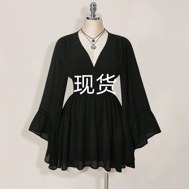 2026 European and American New Style V-Waist Dress with Flared Sleeves, Short Fashion Mesh Sexy Long-Sleeve Solid Color Dress
