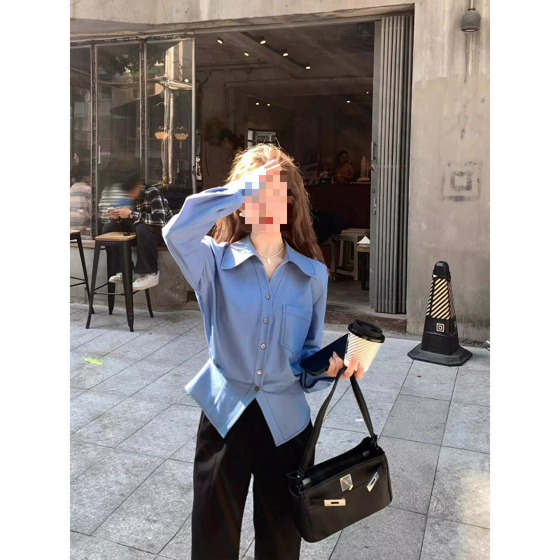 YS8 домашняя миниатюрная синяя рубашка для женщин, стильный топ нового дизайна, элегантная белая рубашка с длинными рукавами.