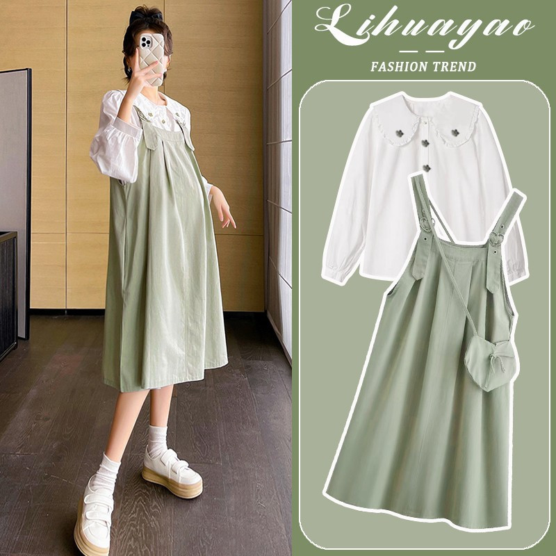 Maternity Dress Set Spring and Summer Fashionable Stylish Doll Collar Shirt Maternity Suspender Skirt Long Style 2026 New Summer Model Maternity Dress Set Spring and Summer Fashionable Stylish Doll Collar Shirt Maternity Suspender Skirt Long Style 2026 New Summer Model