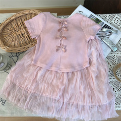 韓版童裝2024新款夏季女童後背蝴蝶結坑條T恤皺皺半身裙兩件套潮