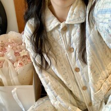 韩国ins女士冬季新品菱格夹棉保暖繁花小清新甜美家居服睡衣套装