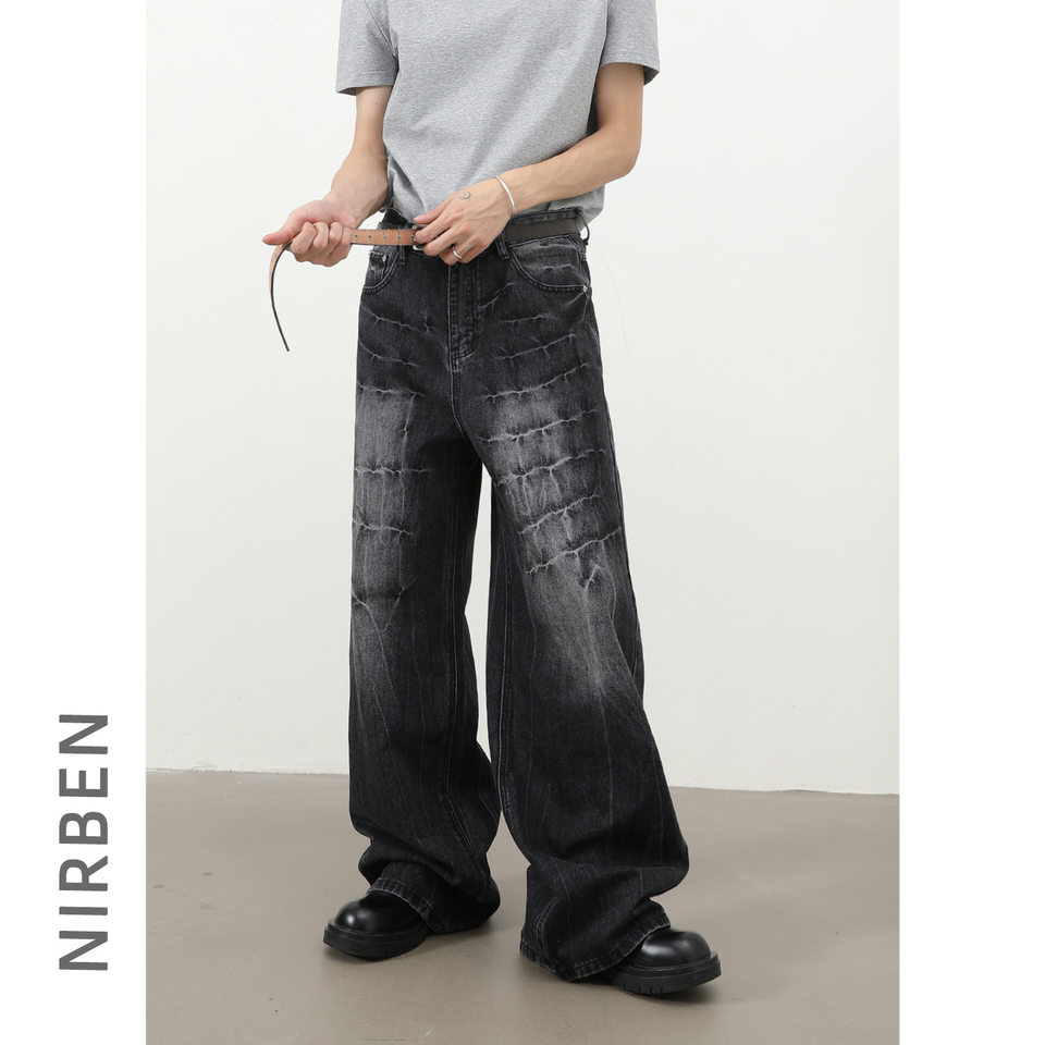 Quần jeans nam dáng rộng ống thẳng họa tiết sét chất liệu washed phong cách đường phố — màu xanh, màu xám đen