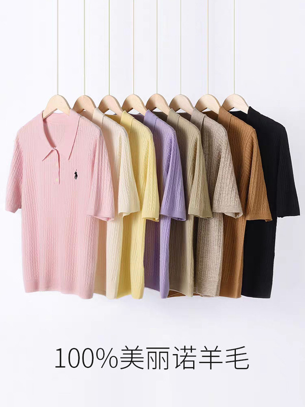 100% メリノ梳毛ウール半袖セーター女性のポロ襟ケーブルソリッドカラースリムプルオーバー Tシャツ夏と秋|undefined