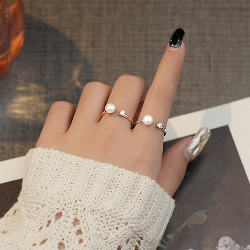 Elegant French Retro Pearl Diamond Ring Adjustable Open Design_voghion.com