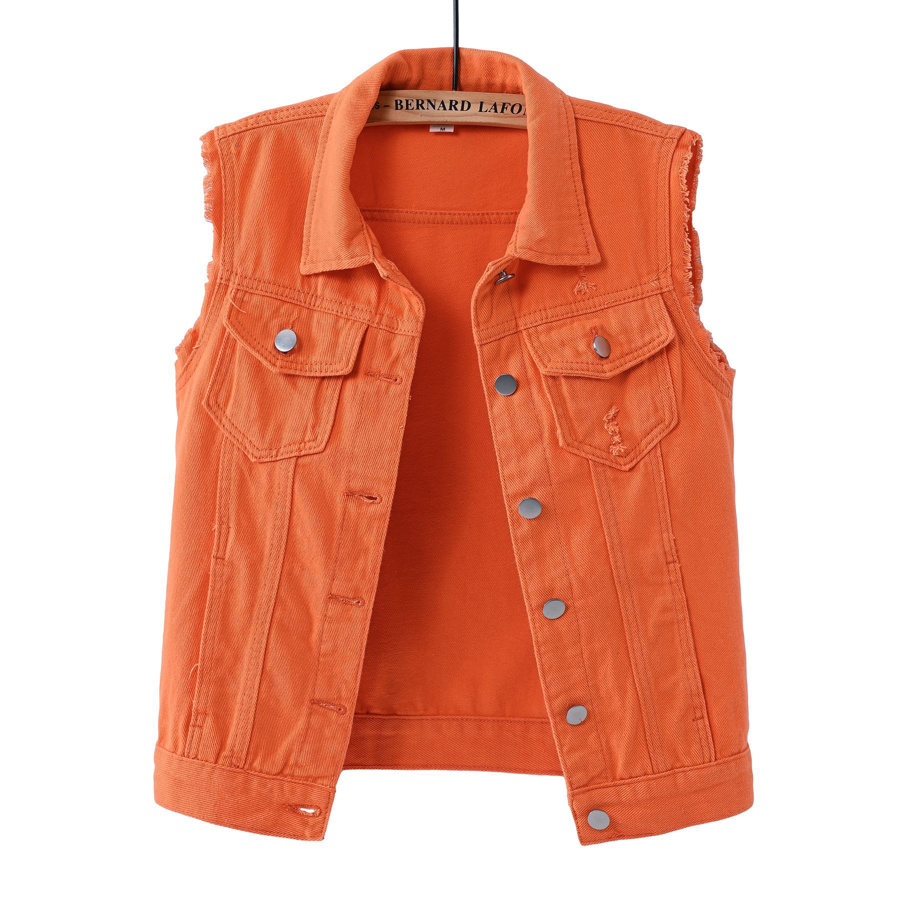 Multi-Color Denim Vest for Women, Spring and Summer, Orange, Khaki, Slim Fit, Frayed Edges, Sleeveless Top, Cross-Border Vest