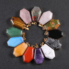 欧美跨境 天然石棺材板吊坠盾牌形挂件虎眼紫晶电镀饰品 水晶吊坠