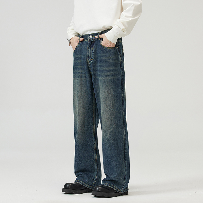 LKTMメンズ # 四季モデル韓国版直筒半松腰ジーンズ男女水洗いレトロな広脚長ズボン