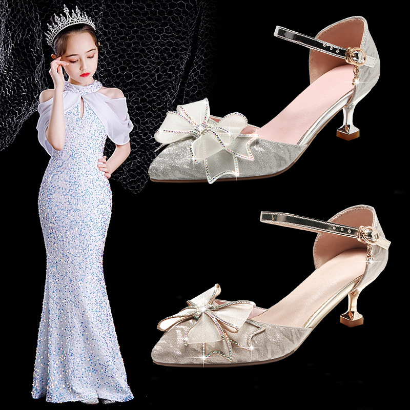 Crystal Shoes Women's Children's High Heels Spring and Autumn Single-layer Shoes Pointed-toe Stiletto Dress Show Performance Leather Shoes Girls' Princess Shoes