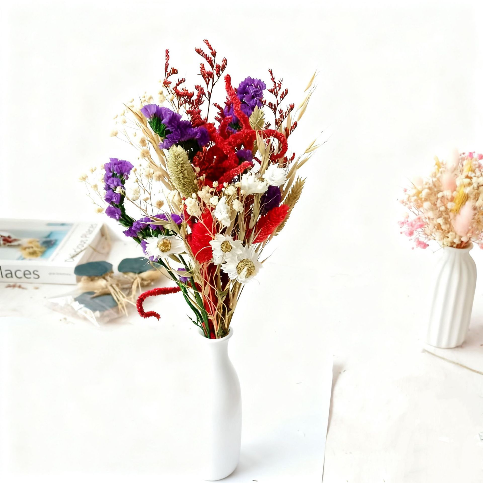 Bouquet de gypsophile séchée de 25 cm, grand format, inspiré des célébrités d'Internet, avec de vraies fleurs et une rose « Ne me perdez pas »._voghion.com