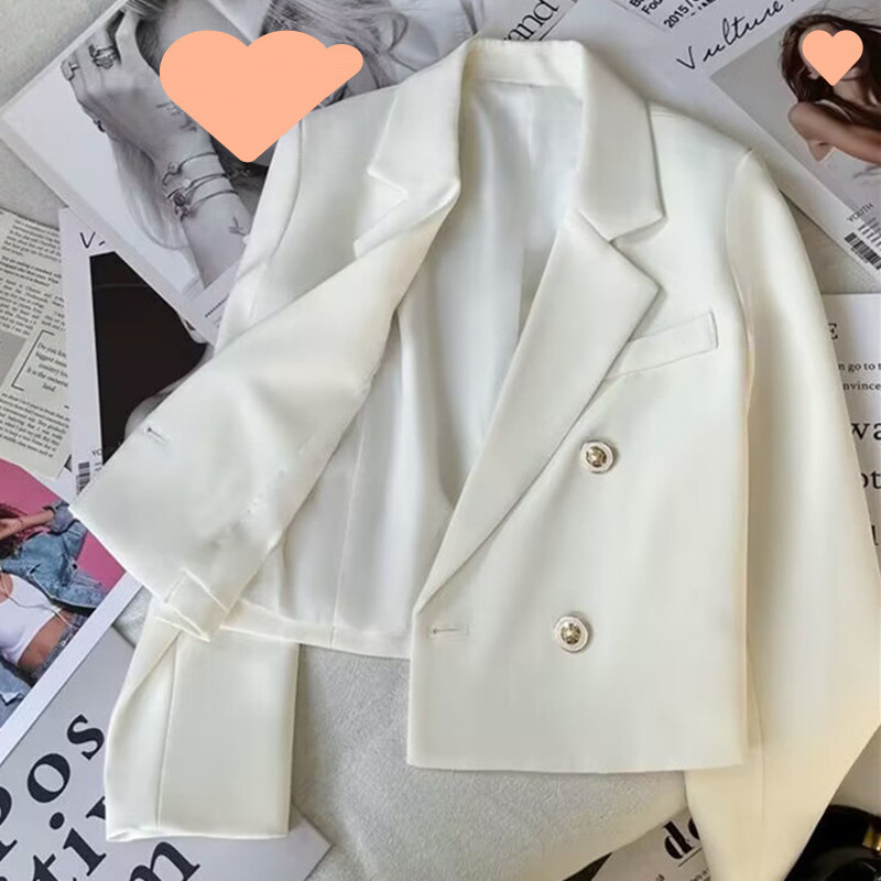 Double-Breasted White Suit Jacket Women's Slim-Fit 2025 Spring Solid Color Small Elegant Long-Sleeved Short Suit