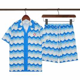 夏季男士衬衫 潮牌卡萨布兰卡波浪蓝白拼色印花沙滩休闲短裤衬衣