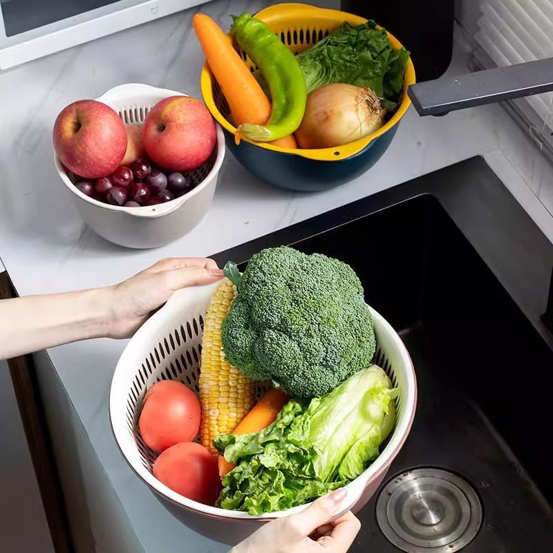 Cocina sala de estar de doble capa lavabo de verduras seis piezas set bandeja de frutas de lavado de plástico simple arroz cesta de verduras