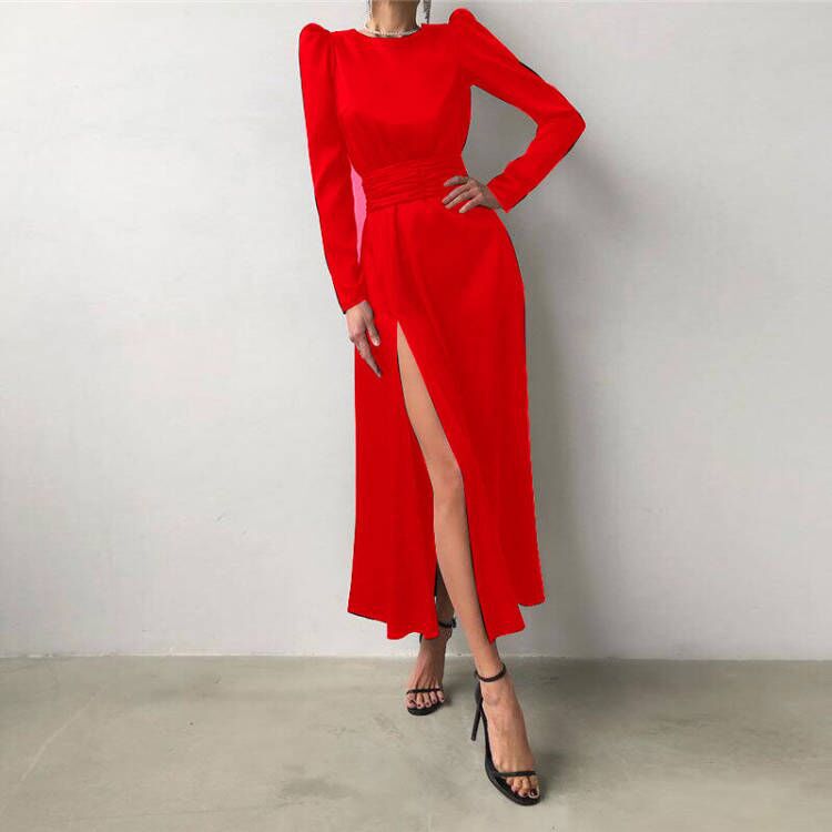 Comercio exterior europeo y americano Amazon AliExpress deseo Mujeres Nuevo satén manga larga vestido negro cuello redondo vestido de noche image 6