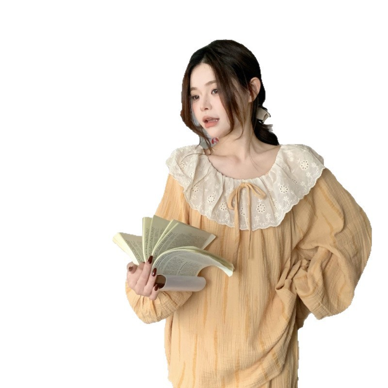 韩国ins女士春秋新品韩版甜美纱宽松舒适长袖睡衣套装家居服批发|undefined