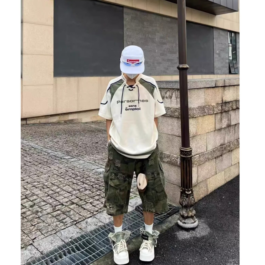 Men's American-Style Vintage Distressed Ripped Multi-Pocket Camouflage Trendy Wide-Leg Straight Cropped Jeans