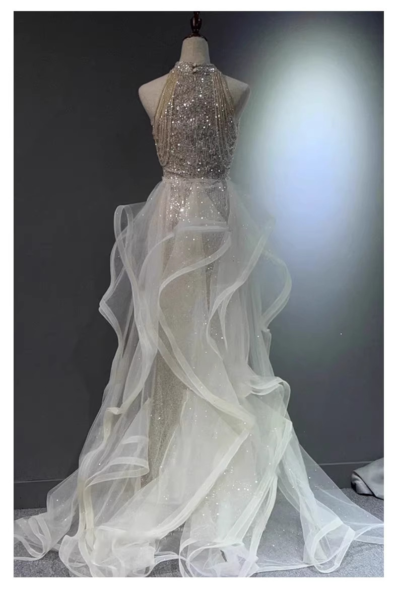 Silver White Sequined Mermaid Evening Gown For Women New Style Understated Luxury Perfect For Engagement Parties And Special Occasions_ecoleips.com