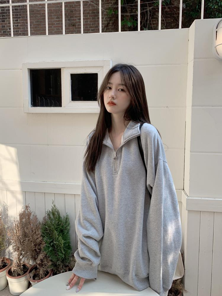 Effortless Chic Polo Collar Sweatshirt - Oversized Women's Long Sleeve Pullover, Relaxed Fit, Soft Polyester Blend (One Size Fits Most)_ecoleips.com