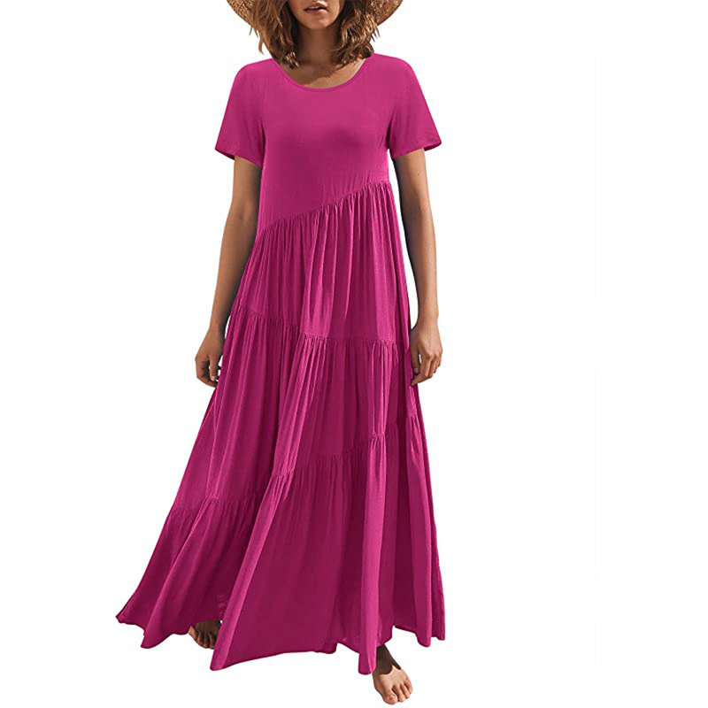 New Cross-Border Style Loose Round Neck Asymmetrical Layered Short-Sleeve Beach Dress Long Skirt Pg0924