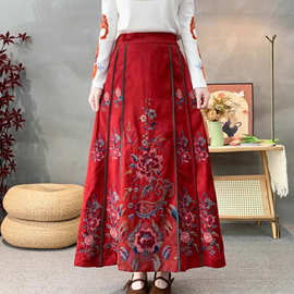 2026春季新款缎面提花刺绣半身裙民族风复古宽松高腰显瘦A字马面