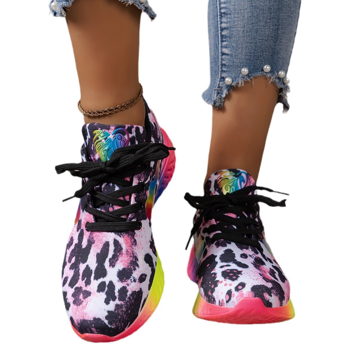 Large size with leopard print front tie and round toe, women's rainbow sole sneakers_voghion.com