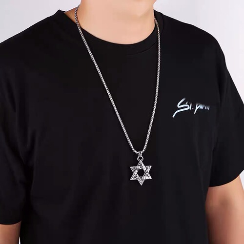 Cross-border e-commerce supply European and American stainless steel hexagram necklace men's trendy hollow retro double-sided hexagram pendant