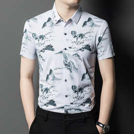 新款男士短袖衬衫夏季中青年时尚印花翻领半袖休闲男装中国风衬衣