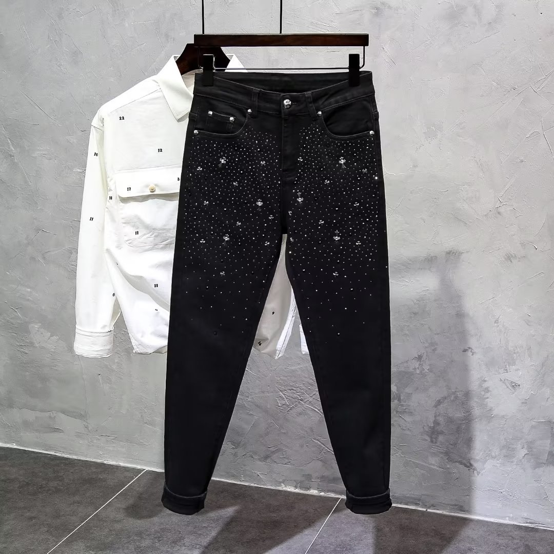 Schwarze Jeans, Trendmarke für Herren, High-End-Heavy-Industrial-Hot-Diamond-Slim-Fit, Herbst-High-Street-elastische Jeanshose_voghion.com