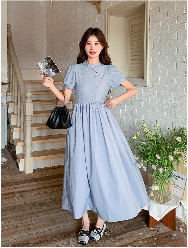 Blue Chinese Style For Women, Summer 2025 New Model, Improved Cheongsam, Elegant And Slimming Long A-line Dress_ecoleips.com