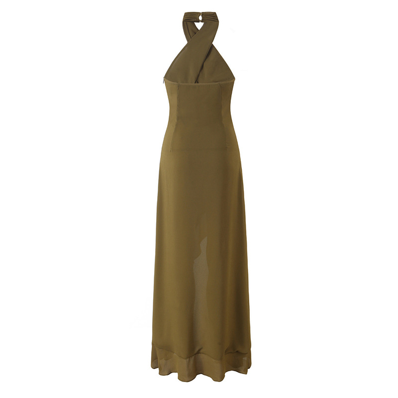 Cross-border vintage French-style high-end asymmetrical high-low halter neck cross-beaded fishtail ruffle dress