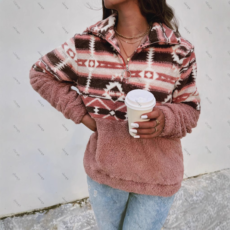 European and American Fashion New Aztec Whistle Geometric Pattern Zipper Design Teddy Long-Sleeved Sweatshirt for Women Cross-Border Sweatshirt
