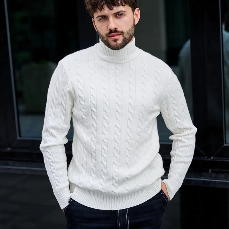 European and American cross-border men's knitted pullover with twisted high collar, versatile basic retro men's sweater for Amazon