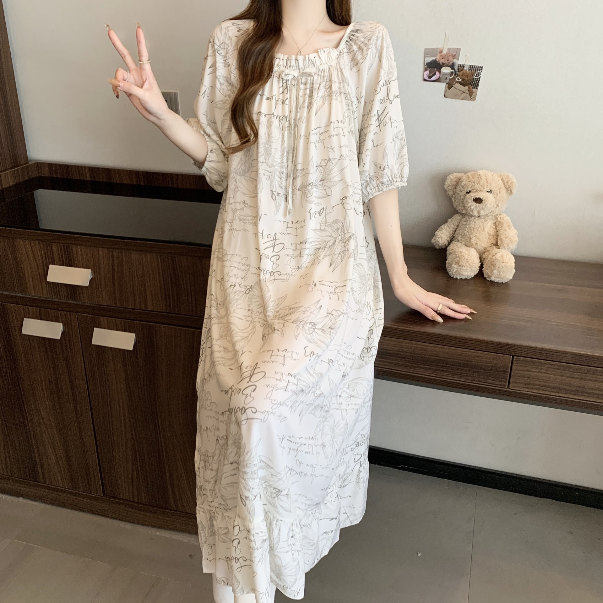 Yaoting pijamas de verano mujeres primavera y otoño encantador impresión suelta vestido larga larga larga ropa de hogar de mangas cortas HDF5291