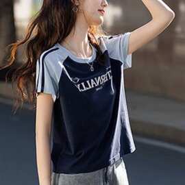 美式复古印花圆领T恤女2025夏季新款撞色插肩小个子显瘦上衣