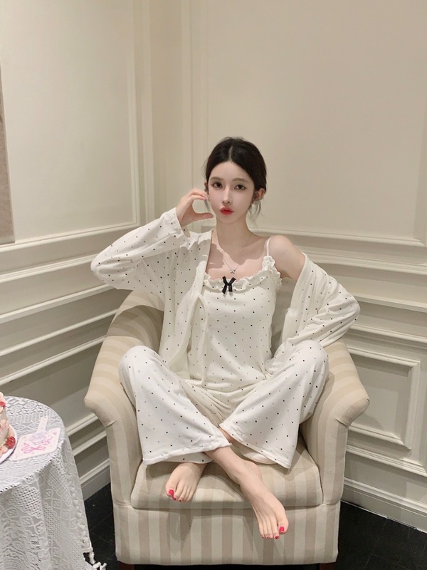 蝴蝶结韩系海岛绒吊带背心波点开衫三件套家居服|undefined