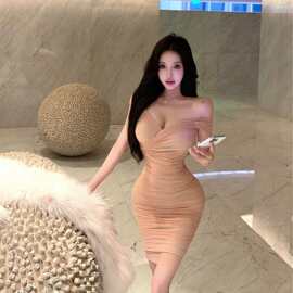 纯欲轻奢性感露锁骨网纱连衣裙甜美高腰气质修身褶皱显瘦包臀短裙