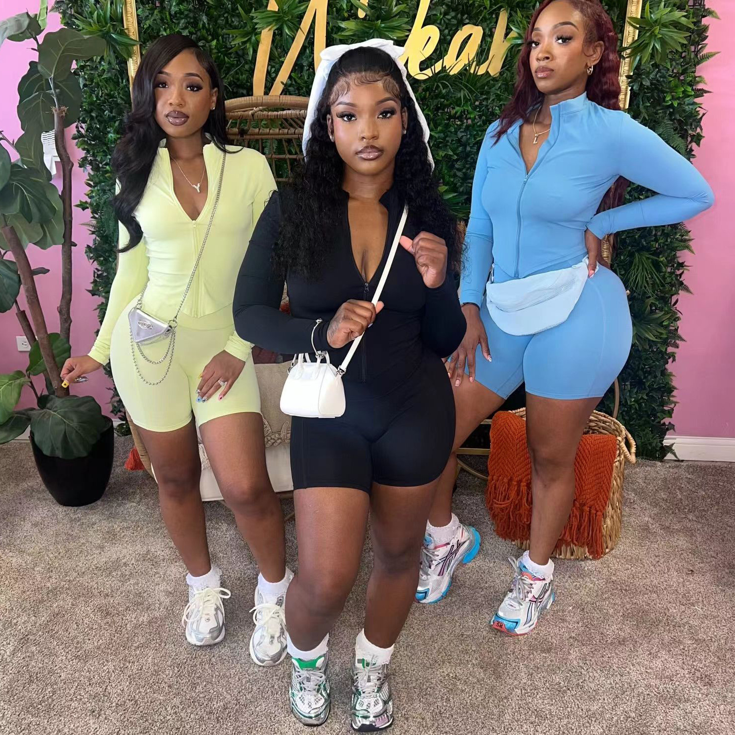 European and American women's autumn sports leisure tight waist solid color long sleeve top shorts two-piece women's