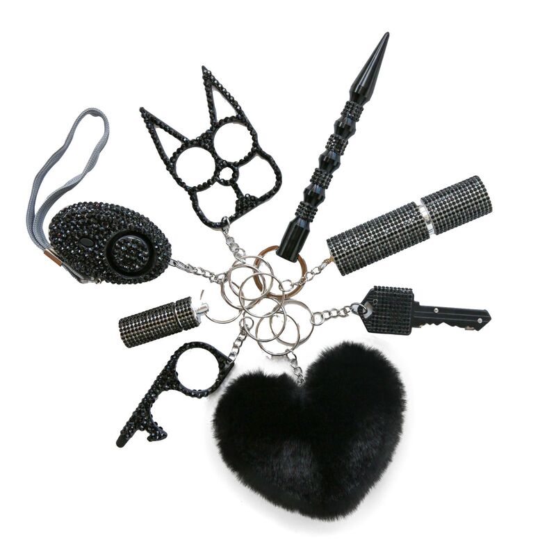 Amazon Cross-Border Women's Self-Defense Safety Keychain Diamond-Encrusted 8-Piece Set of Personal Alarm Defense Finger Tiger Keychain