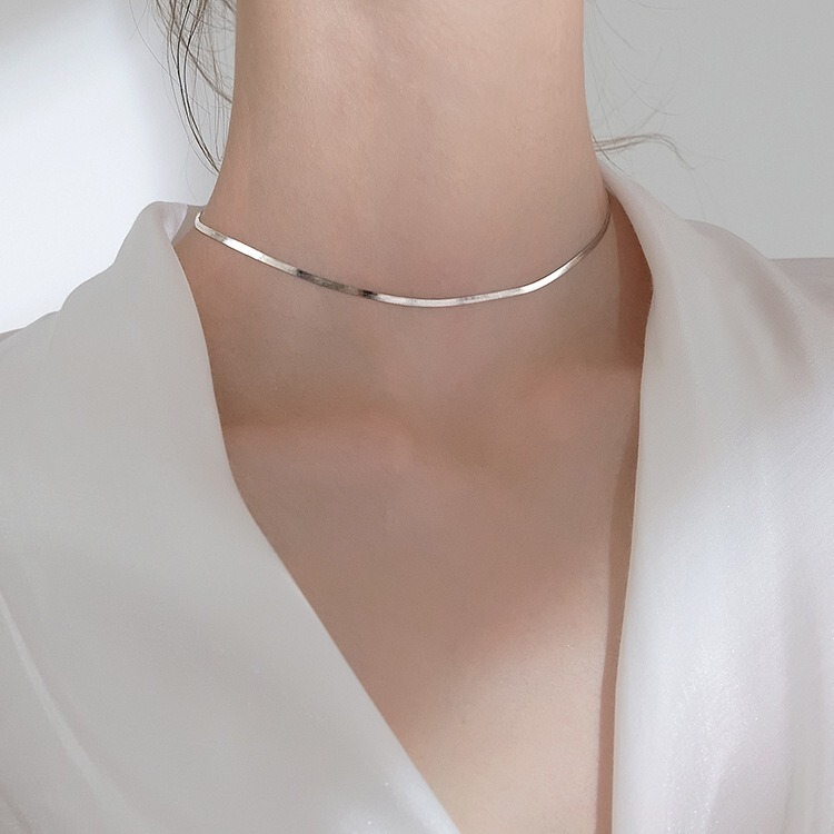 Glossy wide 925 silver-plated necklace for women ins style clavicle chain necklace choker accessories silver jewelry