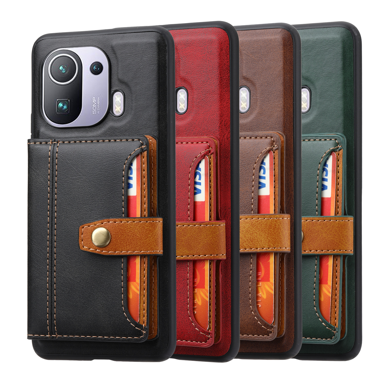 Funda para teléfono móvil Xiaomi 11pro con ranura para tarjetas externa, funda de cuero tipo billetera, funda de cuero 11pro = funda moderna con bloques de color