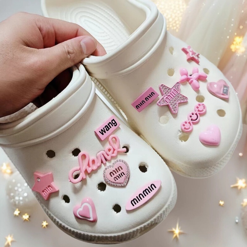 Cute Pink Smiley Face Puppy Five-Pointed Star Charm for Crocs Shoes, Detachable Decorative Shoe Buckle