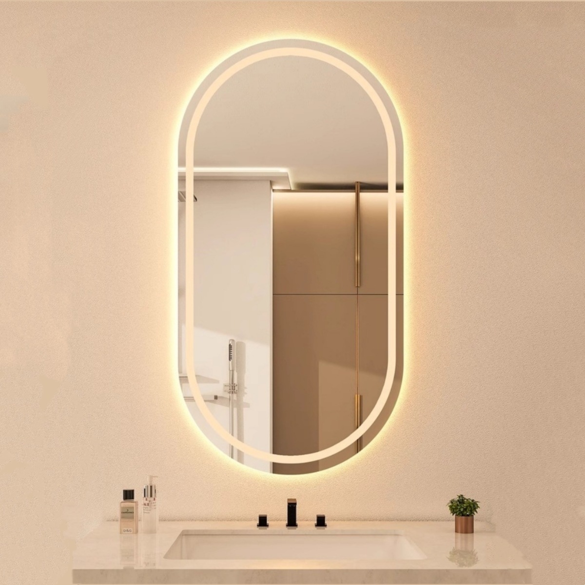 Espejo de baño inteligente oval colgado en la pared pantalla táctil led lavabo con lámpara de baño espejo de vestuario comercial