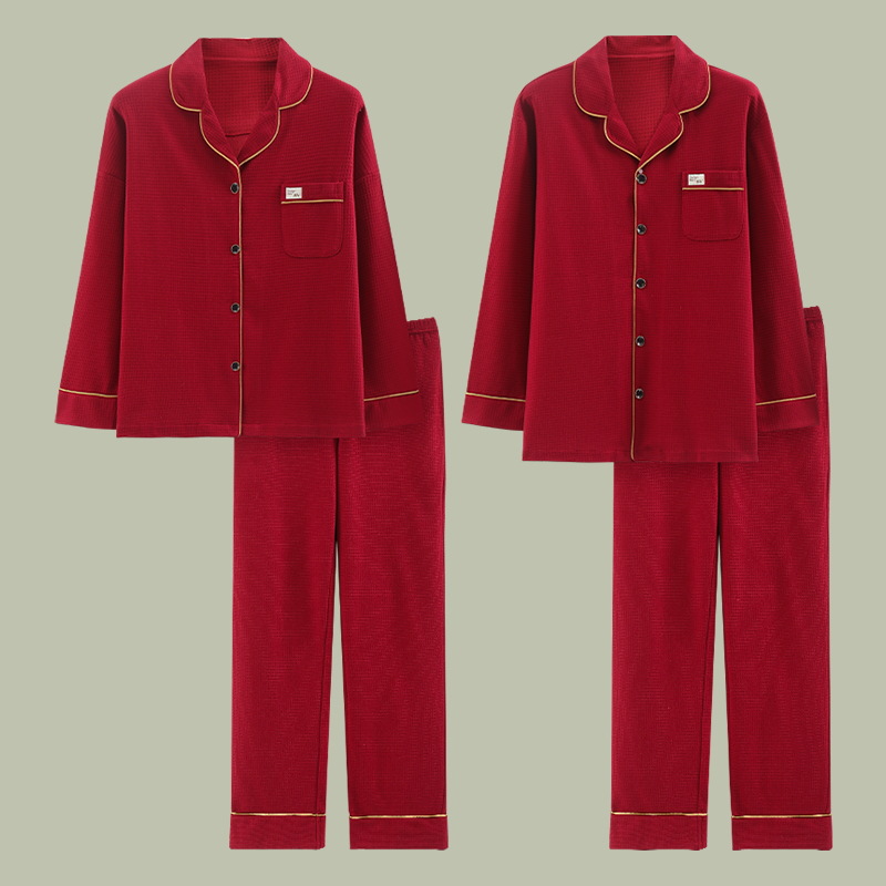 Algodón puro pareja rojo pijamas de las mujeres otoño cardigan solapa manga larga suelta casual homewear traje hombres