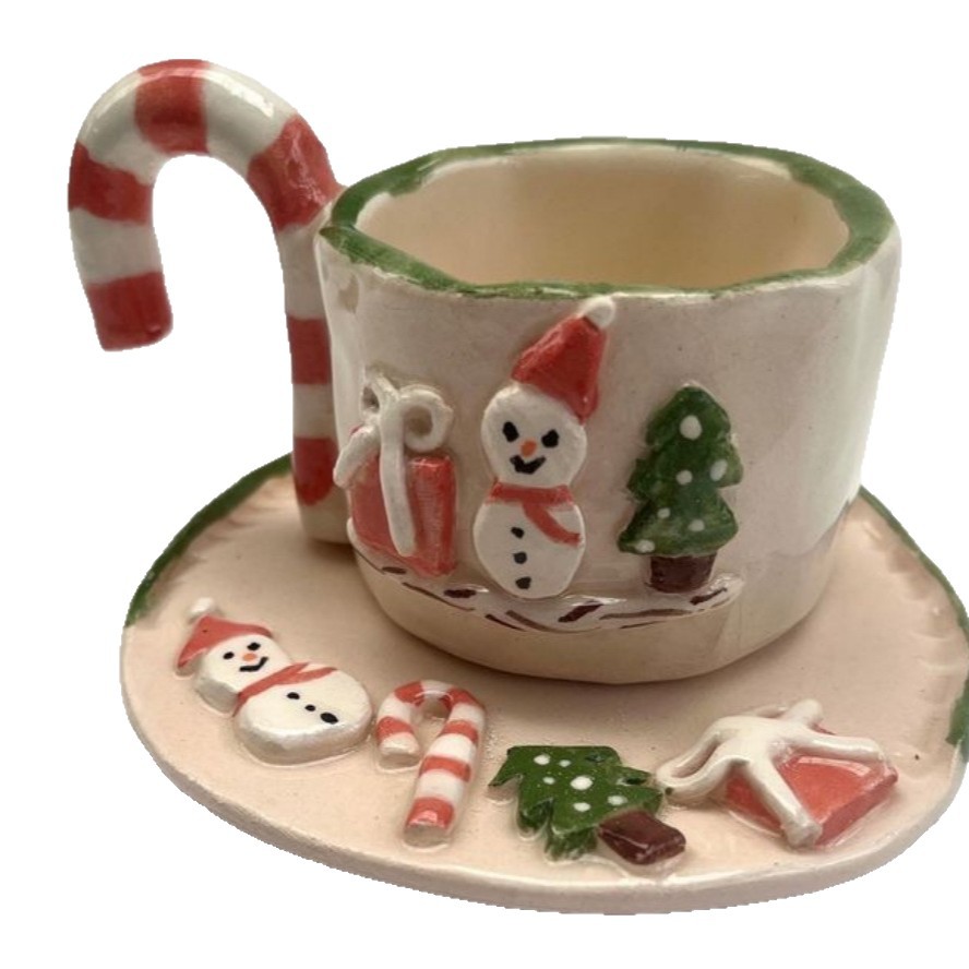 Navidad temática muñeco de nieve taza de cerámica plato conjunto muletas mango de azúcar taza de Navidad creativa taza de regalo de cerámica Qin Sheng