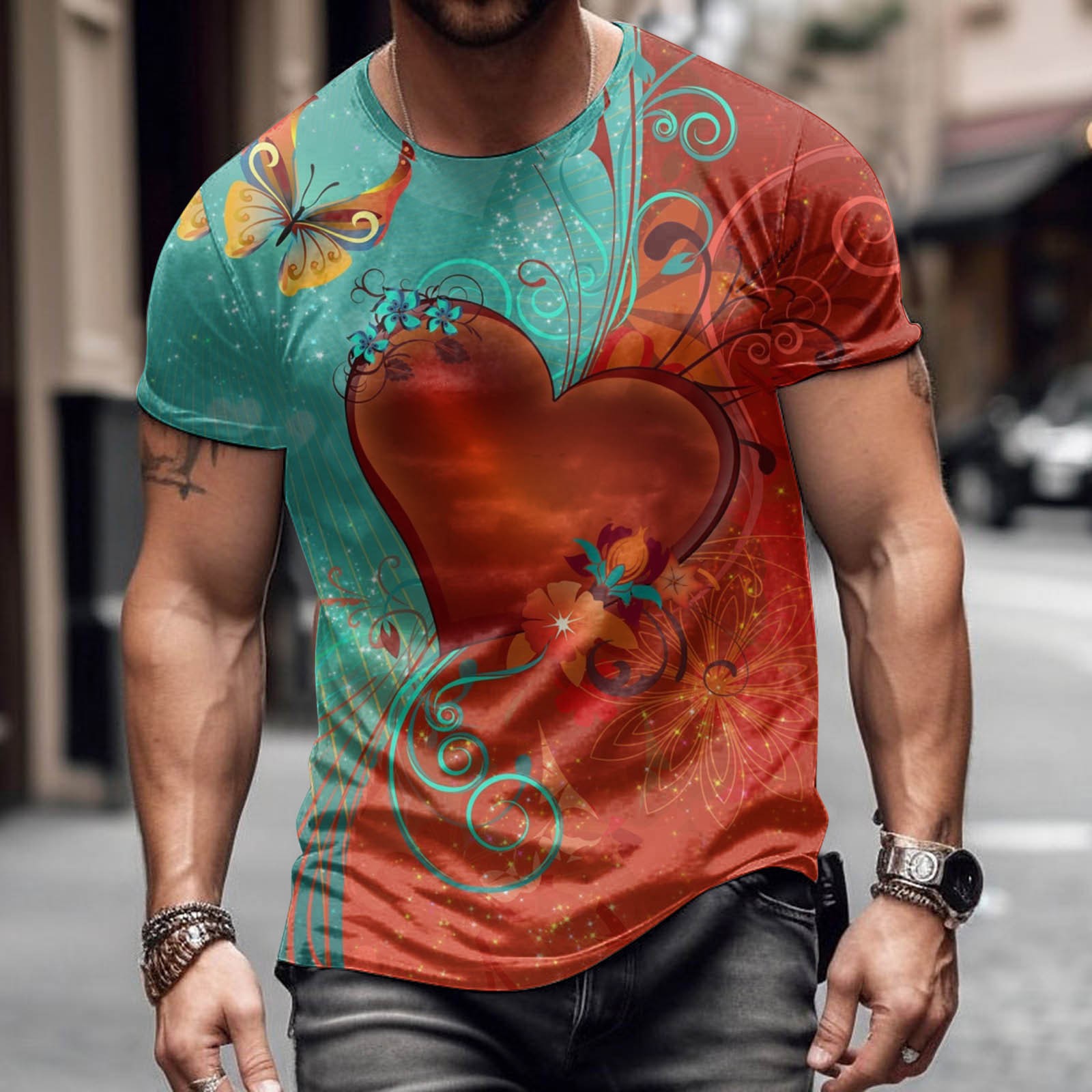 Moda romántica Día de San Valentín colorido amor 3D cepillado lleno de impresión de los hombres calle alta suelta transpirable camiseta de manga corta en stock