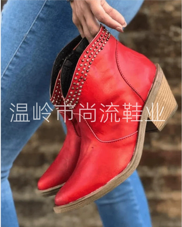 Независимая станция 2022 осень-зима Новые европейские и американские остроносые толстые каблуки с заклепками и молнией сбоку женские короткие сапоги Ботинки Челси Внешняя торговля 43