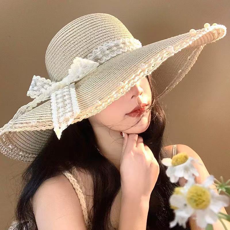 2026 New Style Bow Lace Straw Hat for Women Summer Seaside Beach Vacation Sun Hat with Large Brim Sun Protection Hat