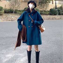 蓝色翻领双排扣毛呢外套女秋冬季气质休闲显瘦减龄中长款呢子大衣