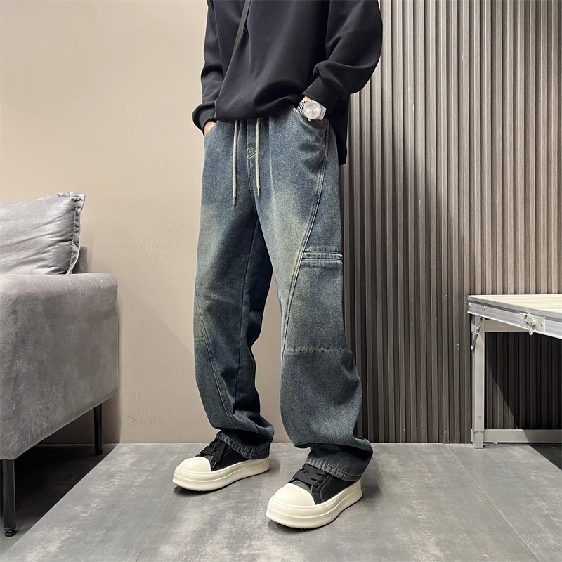 Men's Smoky Gray Washed Retro Straight Leg Jeans Style High Street Loose Fit Trendy Slimming Casual Slightly Flared Trousers_mkmklike.com