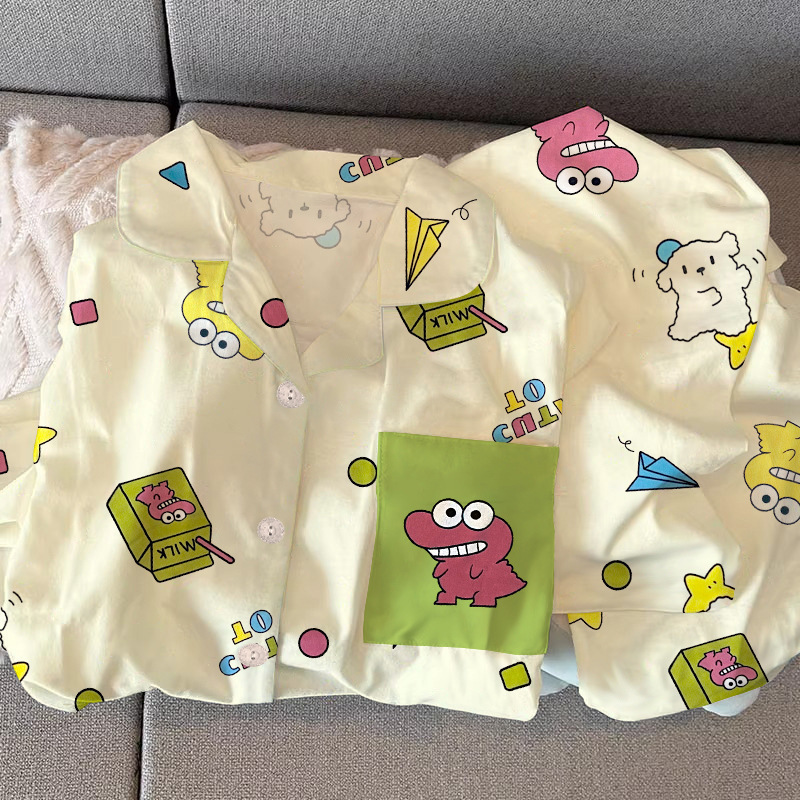 New cartoon spring and autumn pajamas female Mr. crocodile long sleeve student home clothes suit can be worn real shot wholesale