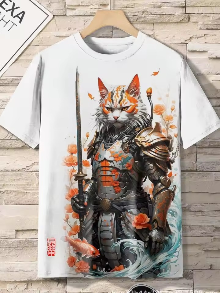 Tinta Jianghu Cat Dog Hero 3D Impresión digital Spot Moda callejera para hombres Camiseta de manga corta con cuello redondo y hombro